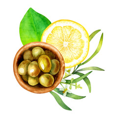 Watercolor illustration of a bowl with green olives, lemon and olive branch isolated on a white background.