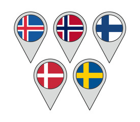 Vector illustration of geolocation pins displaying the flags of the Nordic countries: Iceland, Norway, Sweden, Denmark, and Finland.