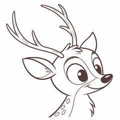 Cute cartoon deer head with antlers, outlined in black, isolated on white background, perfect for childrens illustrations and wildlife designs