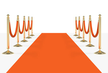 Orange carpet with red ropes on golden stanchions. Vector illustration isolated on white background © paketesama