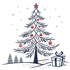 Elegant christmas tree with red ornaments and gift box isolated on white background, perfect for holiday season and festive celebrations