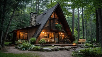 A cozy A-frame cabin in the woods, warm browns and greens, fireplace glow, peaceful retreat
