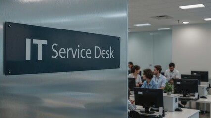 Information technology assistance center displaying IT Service Desk sign, delivering online support.