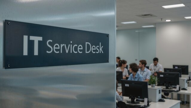 Information technology assistance center displaying IT Service Desk sign, delivering online support.