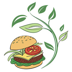Illustration of a vegan burger with plantbased ingredients and leaves, isolated on white background, promoting healthy and sustainable eating