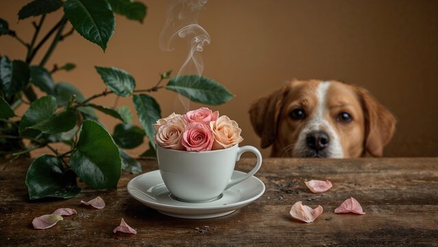 Tea accompanied by chic roses on timber table