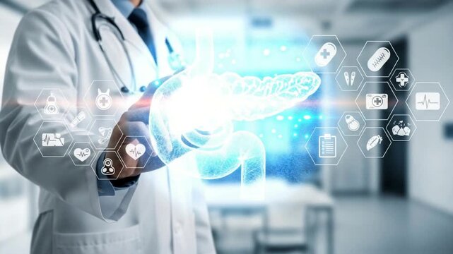 Doctor in white coat interacting with digital pancreas model and medical icons in a bright setting
