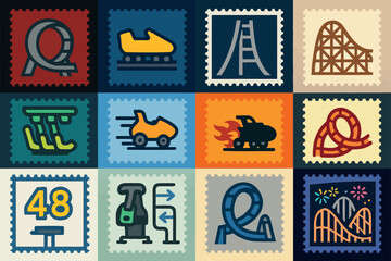 Vintage Amusement Park Ride Icons Set with Roller Coasters and Fun Elements