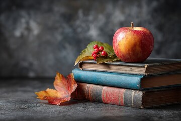 葉っぱが飾られた新学期用の本の山