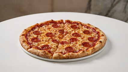 Detailed shot of savory pepperoni pizza resting on a white tabletop