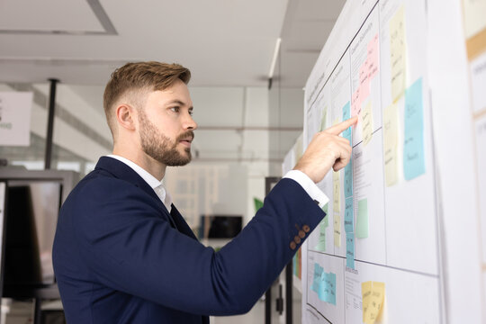 Serious young product owner man working on business plan, using Kanban white board, analyzing work schedule, pointing at tasks on sticky notes, thinking on marketing strategy. Side view - Powered by Adobe