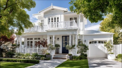 Fototapeta premium A luxurious Hamptons-style summer house, crisp white exterior, navy blue accents, elegant and authoritative