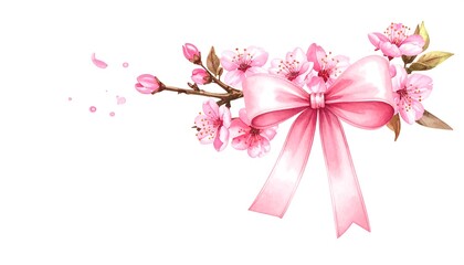 Watercolor Cherry Blossom Branch with Pink Bow and Falling Petals