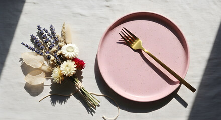 Pink plate with gold fork and flower bouquet