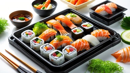 Prepared sushi assortment for takeout displayed on a white background