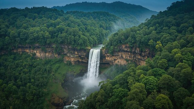 Aerial shot of a three-level waterfall flowing through thick green forest at dawn.