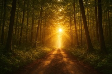 Obraz premium Sunlit forest pathway at dawn, highlighting the interplay of light and shadow with rich warm colors and a serene natural atmosphere, absent of human presence.