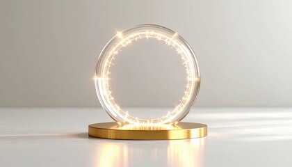 A glowing circular light fixture on a reflective golden base against a neutral background.