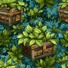 Seamless pattern of wooden treasure chests overflowing with lush green jungle foliage wooden chest © judge_miah