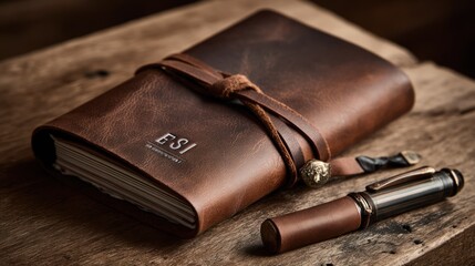 A personalized leather-bound journal and fountain pen gift set, warm brown tones, soft focus on engraved initials
