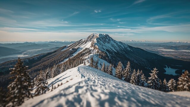 Snow-covered summit in the Beskid Mountains during winter