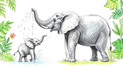 Fototapeta premium Playful Elephant Family Enjoying Water, Surrounded by Lush Greenery and Joyful Moments