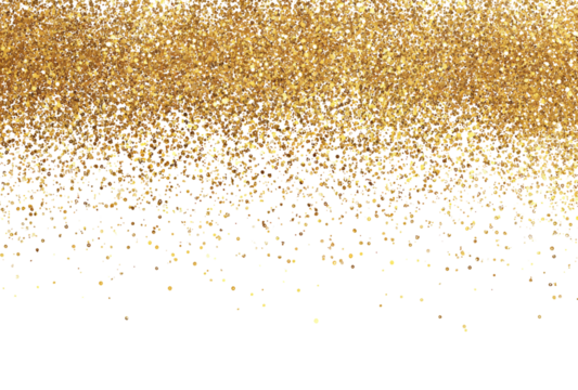 A festive background of golden glitter and sparkles falling, creating a shimmering and luxurious texture for celebrations isolated on transparent background