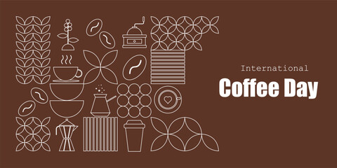 Minimalist International Coffee Day banner, poster, greeting card on a brown background with white line art icons including coffee beans, cups, moka pot, grinder, and plant elements