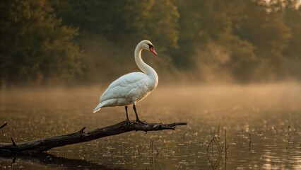 Fototapeta premium A swan swimming on a river at early autumn light