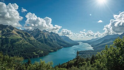 In the warm season, vibrant green peaks, gentle clouds, and a mesmerizing body of water create a breathtaking view.
