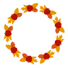 Autumn red apple and maple and oak leaves wreath. Circle frame template for greeting cards or prints. Cozy flat illustration.
