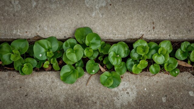Vibrant green foliage emerging through cracks in hard pavement, featuring shiny heart-shaped to oval leaves with smooth surfaces and occasional tiny white dots. - Powered by Adobe