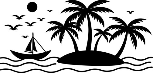 Obraz premium Tropical island scene with palm trees and sailboat