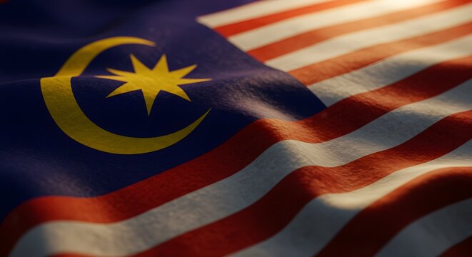 Close-up of the Malaysian flag waving on Malaysia Independence Day with cinematic lighting and warm tones