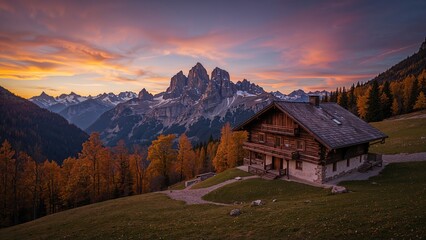 Stunning evening glow at a high mountain pass featuring a wooden chalet.