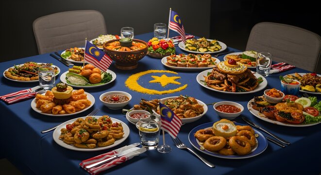 Vibrant Malaysian Independence Day spread with assorted dishes on a blue tablecloth with flags