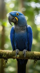 Hyacinth macaw perched gracefully on a moss-covered branch in rainforest
