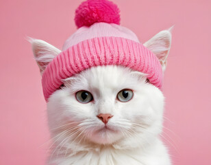 Close-up of a little white fluffy cat with a pink hat, featured as wallpaper in a cute animal background. A background with copy space text.