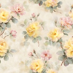 Soft Yellow and Pink Roses with Green Leaves Watercolor Pattern floral seamless
