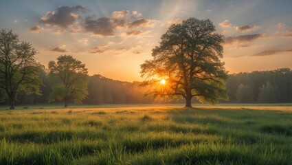 Obraz premium Dawn breaking over a lush meadow
