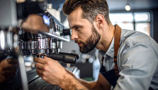 Focused Barista Repairing Coffee Machine - Powered by Adobe