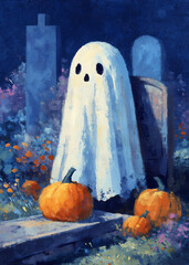 Halloween ghost with pumpkins in a cemetery at night