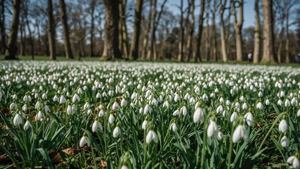 Peaceful park area showcasing a carpet of white blooms surrounded by rich green foliage.