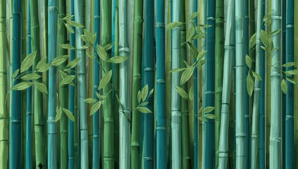 Obraz premium Vertical bamboo stalks with green leaves and subtle blue hues