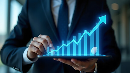 Businessman touching tablet displaying a glowing blue financial growth chart with an upward arrow