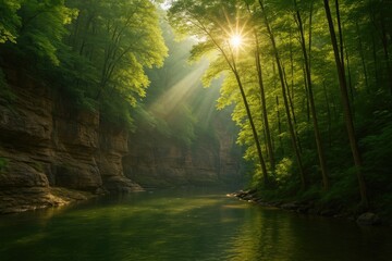 Light streaming through tree branches casting glow on canyon walls