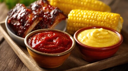 BBQ spread with vibrant red sauces and corn (yellow)