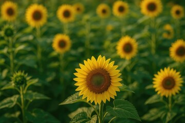 Obraz premium Close-up of sunflowers in a lush garden with soft focus