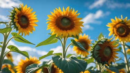 Fototapeta premium Summer scene featuring vibrant sunflower flowers set beneath a blue sky backdrop