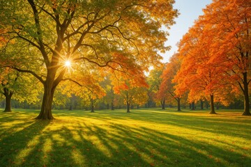 Fototapeta premium Sunshine filtering through the trees in a green space